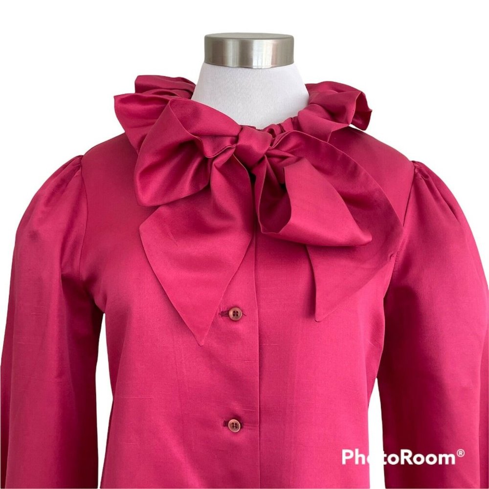Vintage 1970’s Cranberry Silk Pussy Bow Blouse Samuel Roberts Puff Sleeve Top - Picture 1 of 9